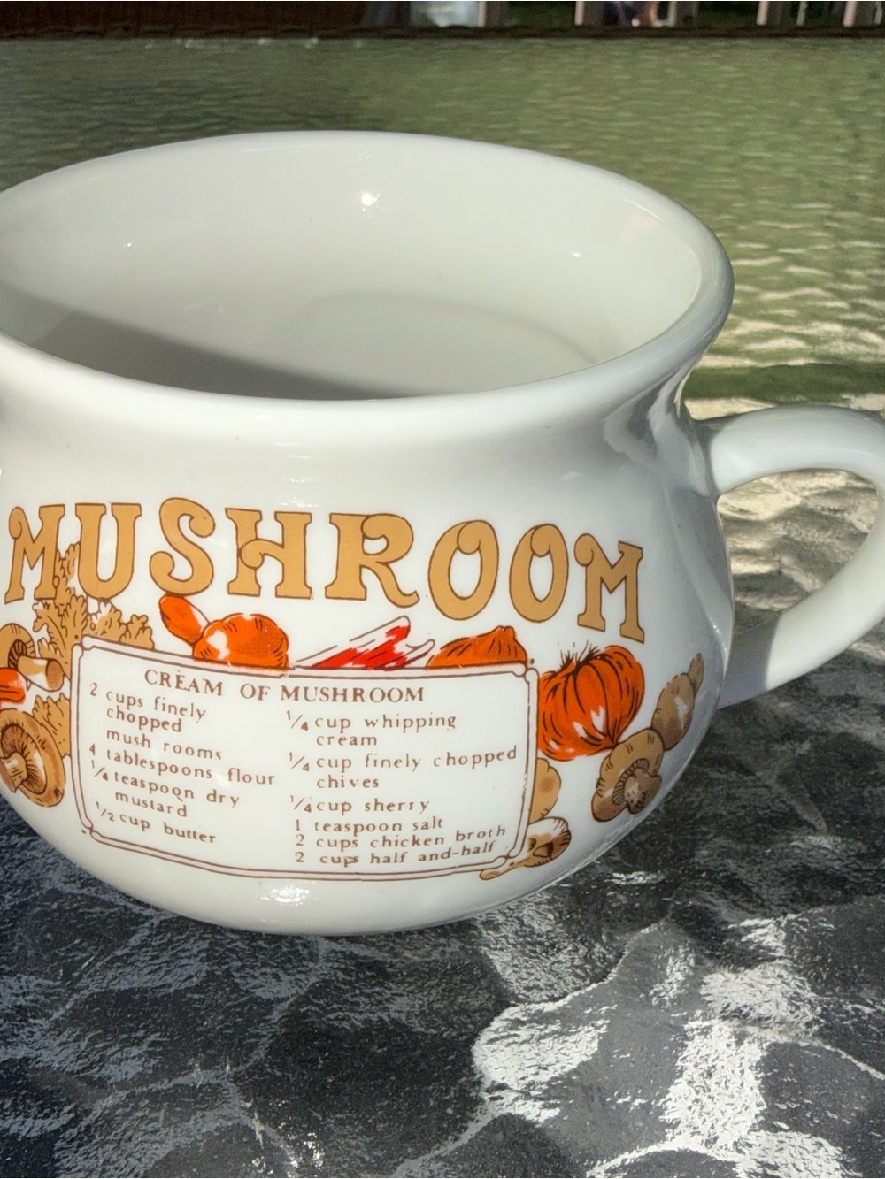 Mushroom Ceramic Soup Mug - White with Orange Accent